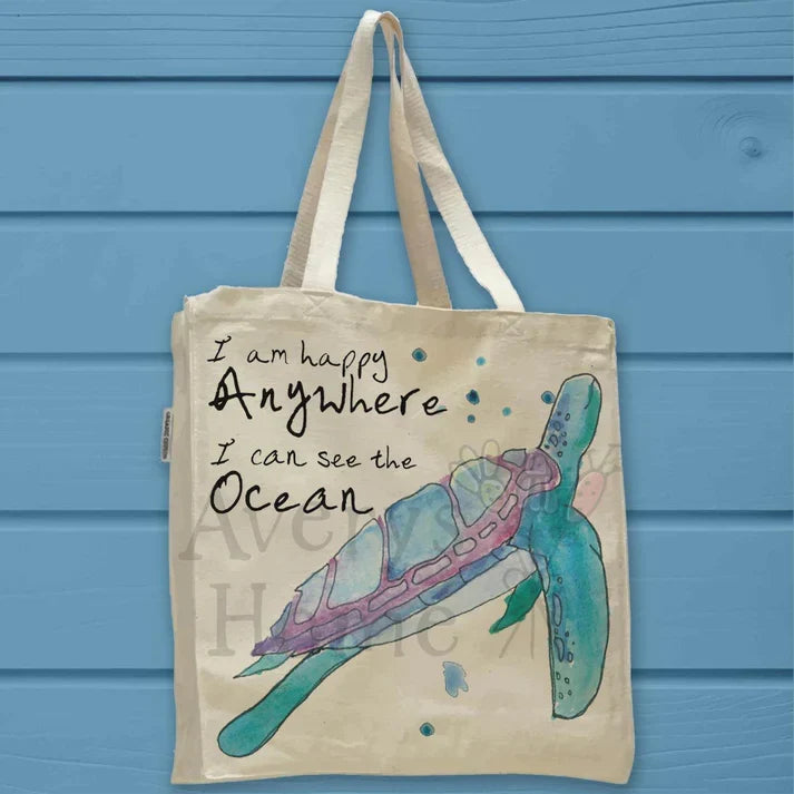 Ocean Turtle Quote cotton tote bag, art by Avery Jackson