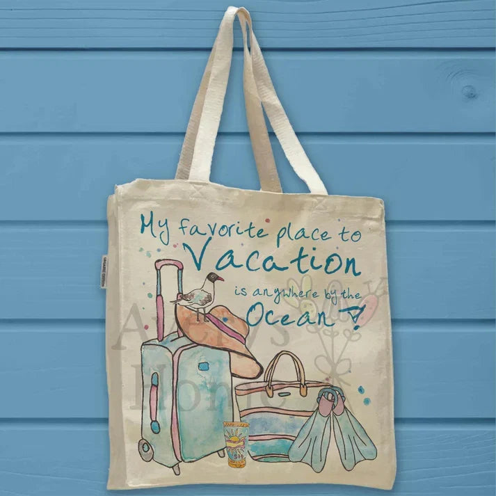 Summer Vacation cotton tote bag, art by Avery Jackson
