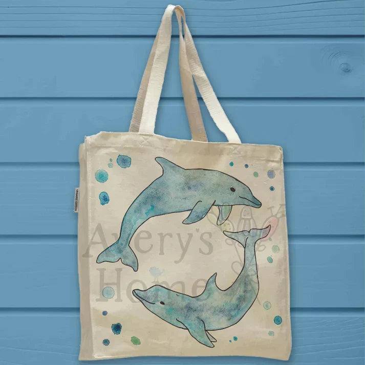 Dolphins cotton tote bag, art by Avery Jackson
