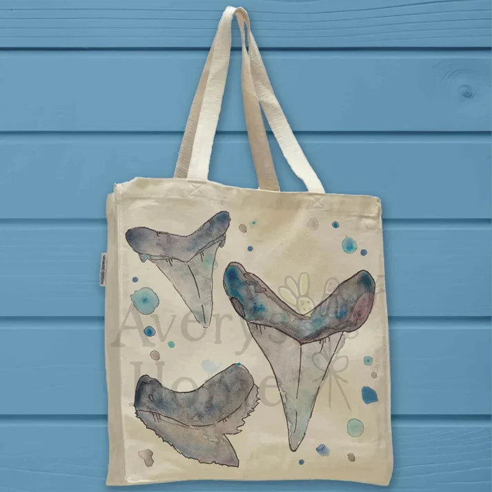 Shark Teeth cotton tote bag, art by Avery Jackson