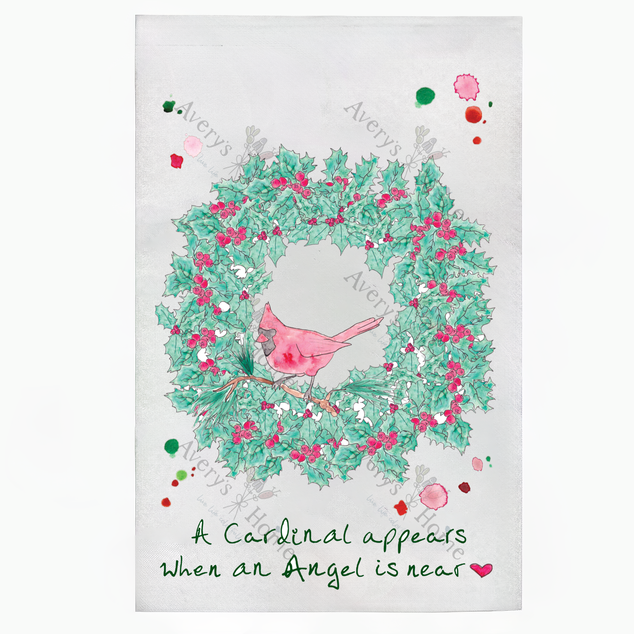 Cardinals Appear Christmas Wreath dish towel detail