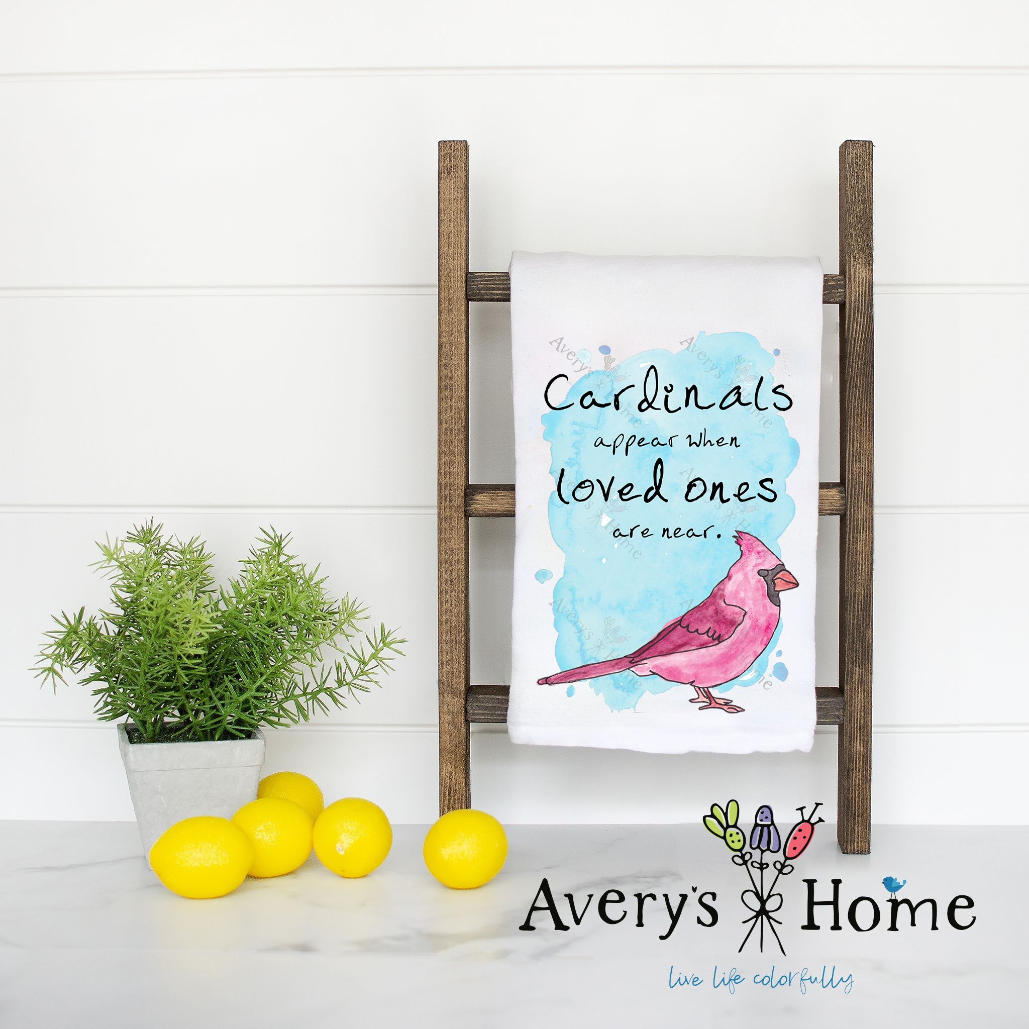 Cardinal Appears flour sack dish towel, art by Avery Jackson