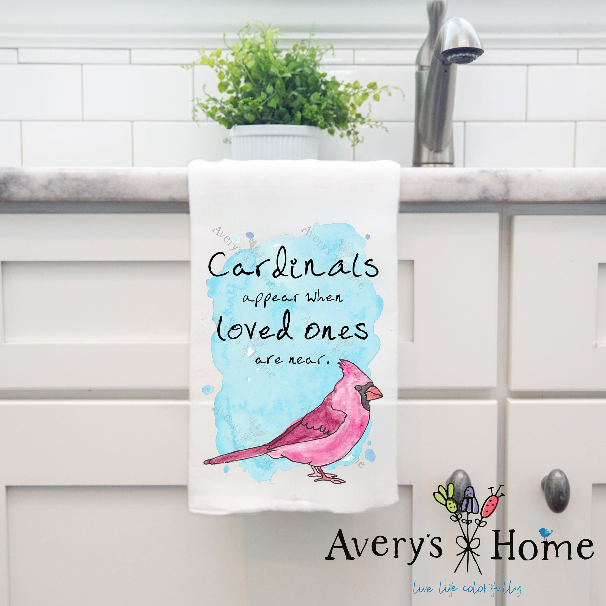 Cardinal Appears dish towel hanging in the kitchen