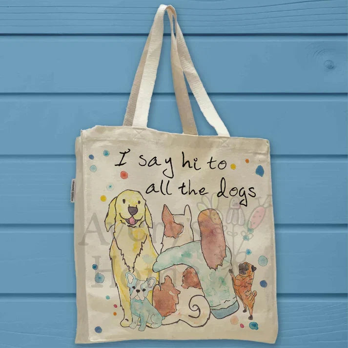 I Say Hi to Dogs cotton tote bag, art by Avery Jackson