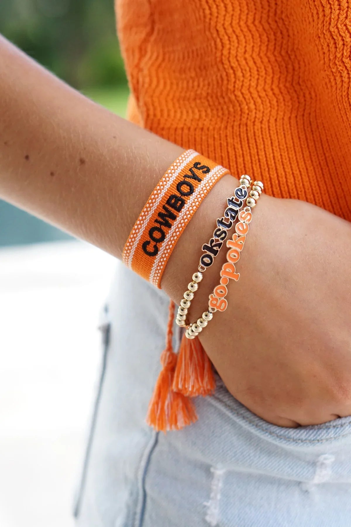 Oklahoma State Cowboys Woven Tassel Bracelet in Orange/Black/White