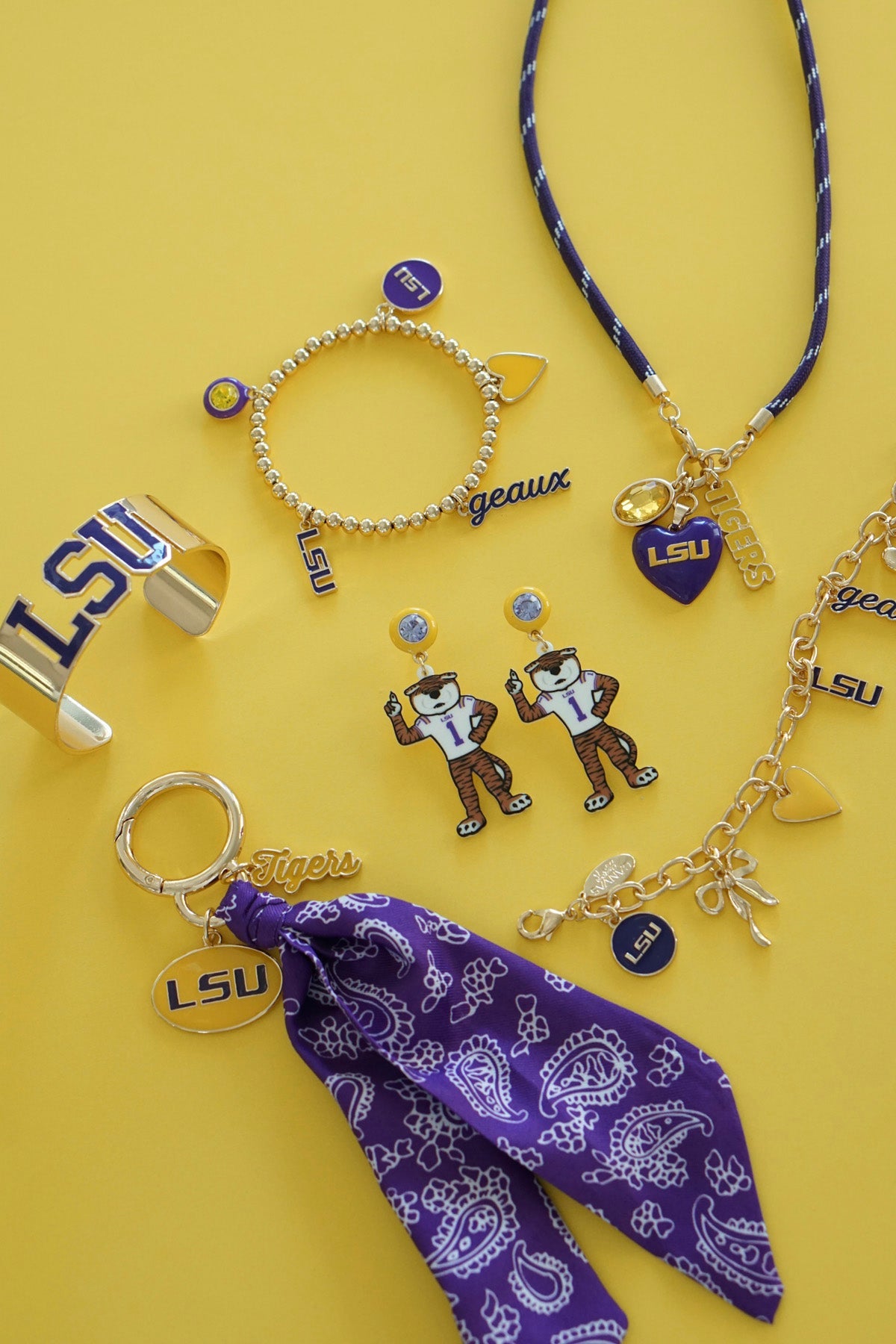 LSU Mike The Tiger Resin Mascot Earrings in Yellow/Orange/Purple