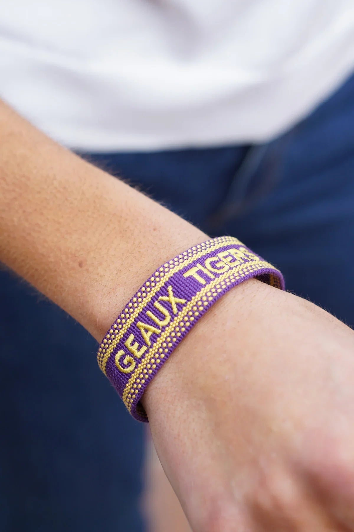 LSU Tigers Woven Tassel Bracelet in Purple/Yellow