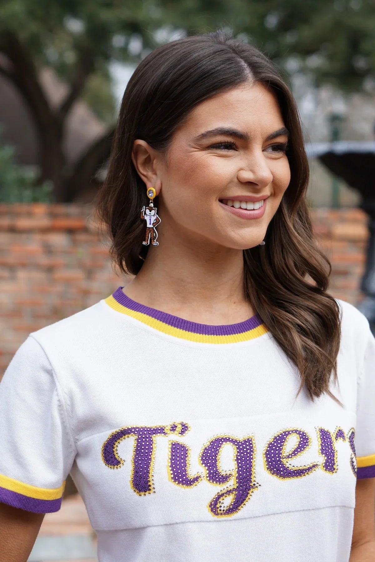 LSU Mike The Tiger Resin Mascot Earrings in Yellow/Orange/Purple