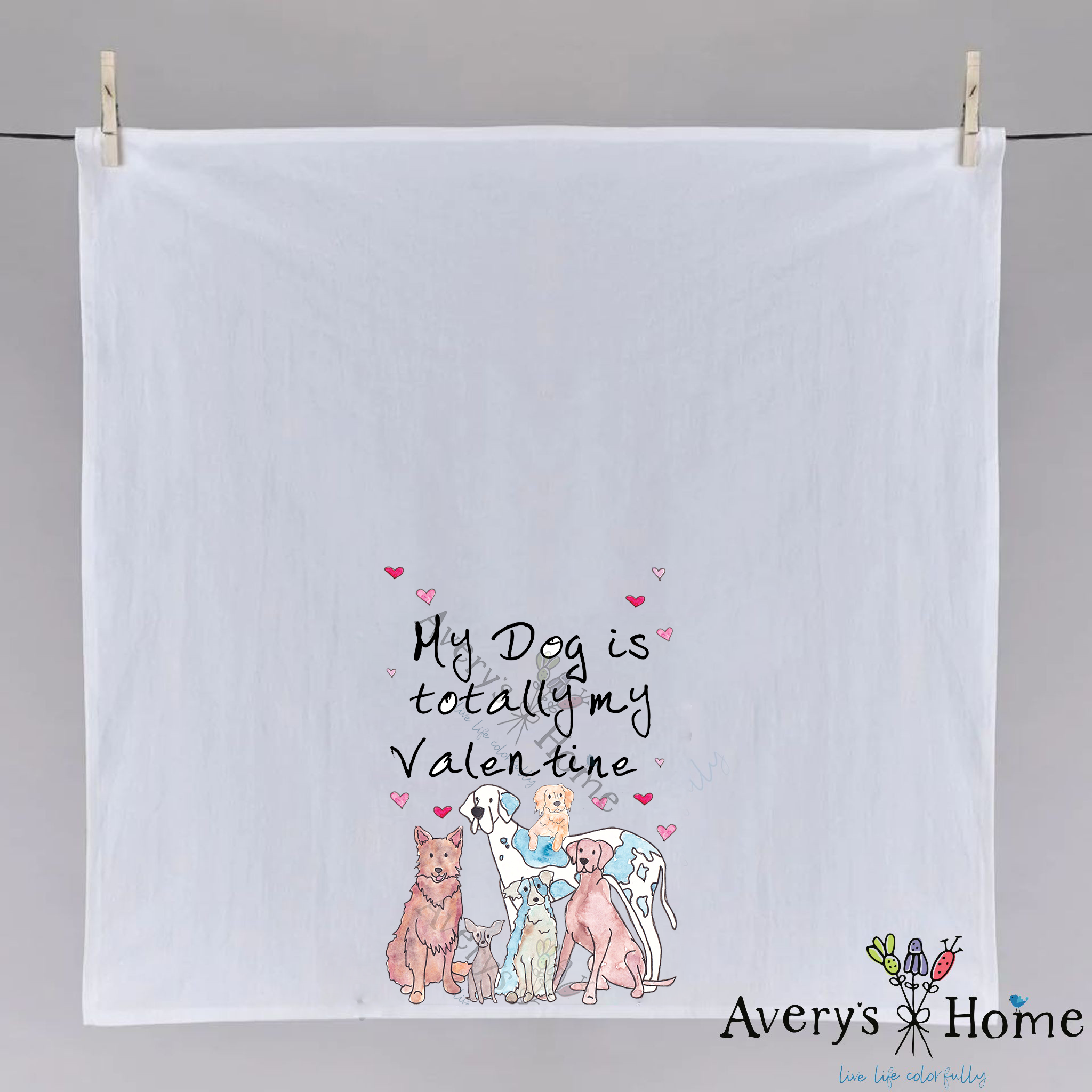 My Dog is Totally My Valentine dish towel hanging in the kitchen