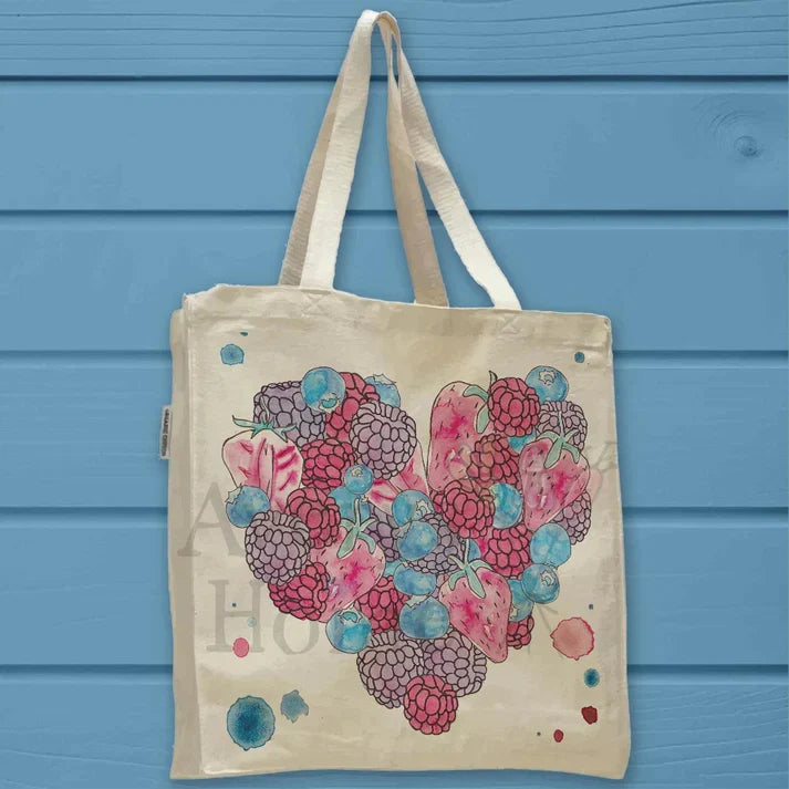 Berry Heart cotton tote bag, art by Avery Jackson