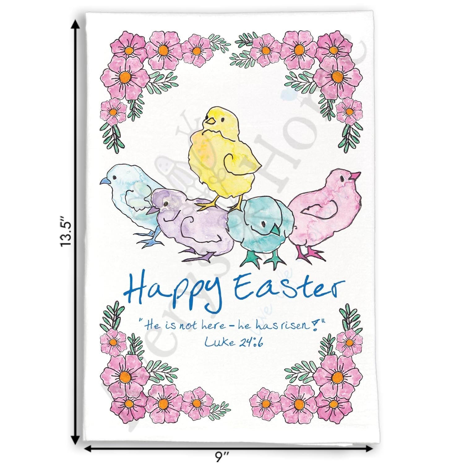 He Is Risen Easter Chicks dish towel folded, hemmed on all four sides