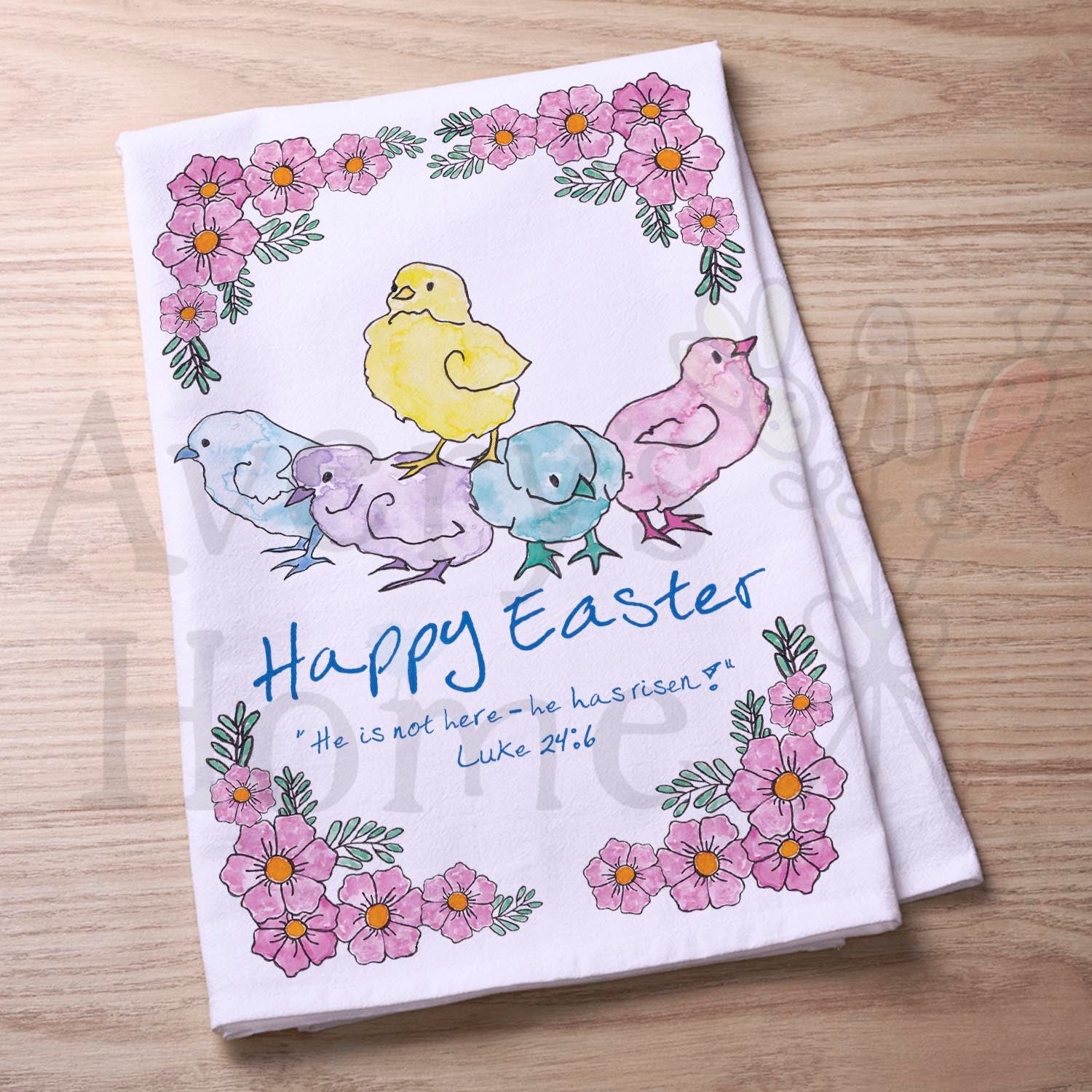 He Is Risen Easter Chicks flour sack dish towel, art by Avery Jackson