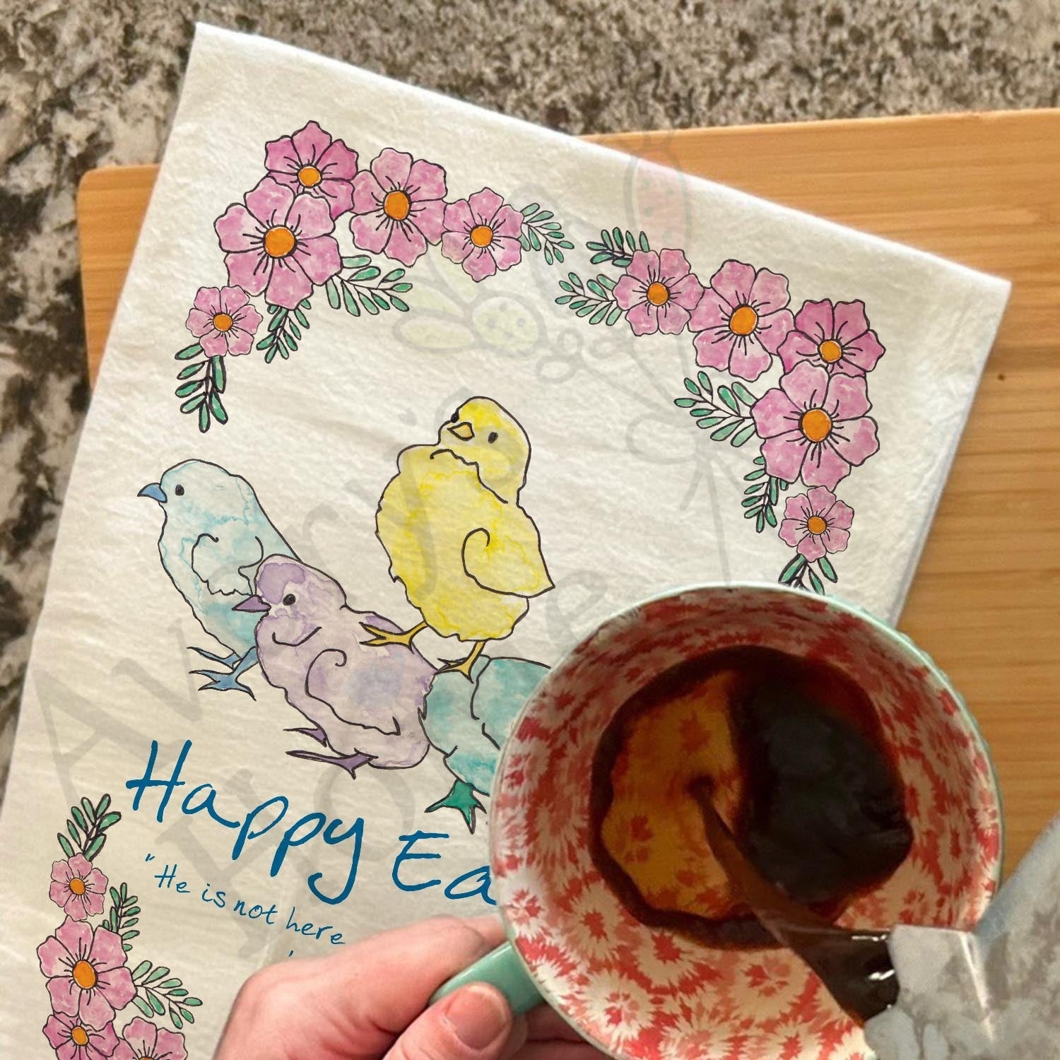 He Is Risen Easter Chicks dish towel, 27x27 flour sack cotton
