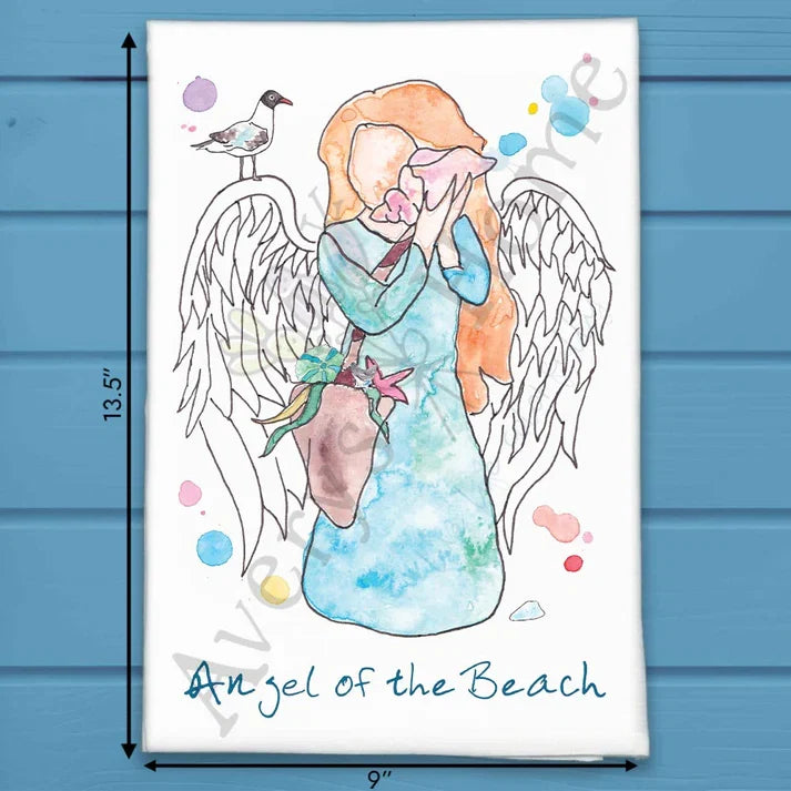 Angel of the Beach flour sack dish towel, art by Avery Jackson