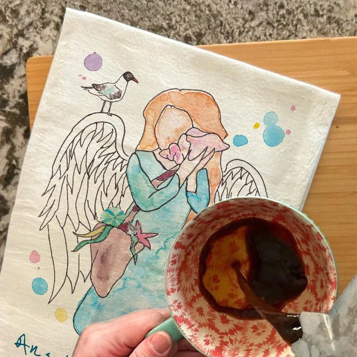 Angel of the Beach dish towel, 27x27 flour sack cotton