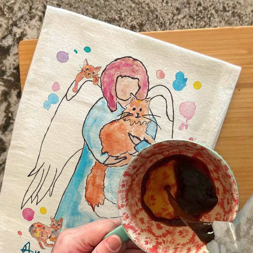 Angel of Cats dish towel, 27x27 flour sack cotton
