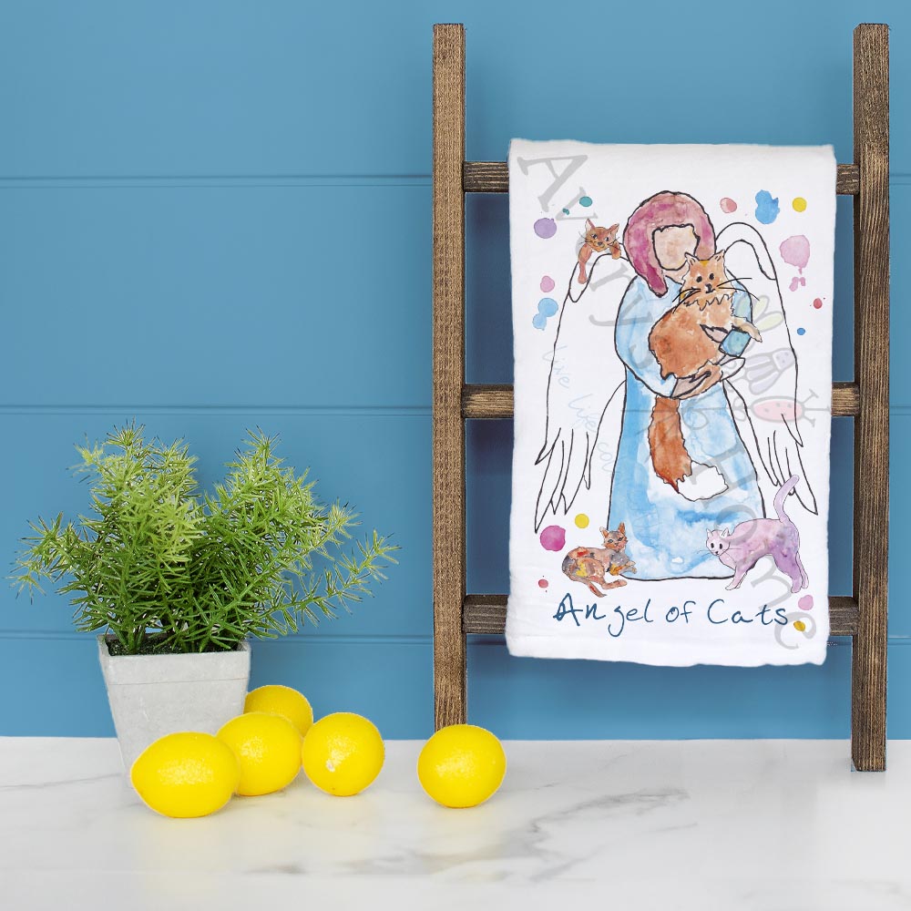 Angel of Cats dish towel folded, hemmed on all four sides