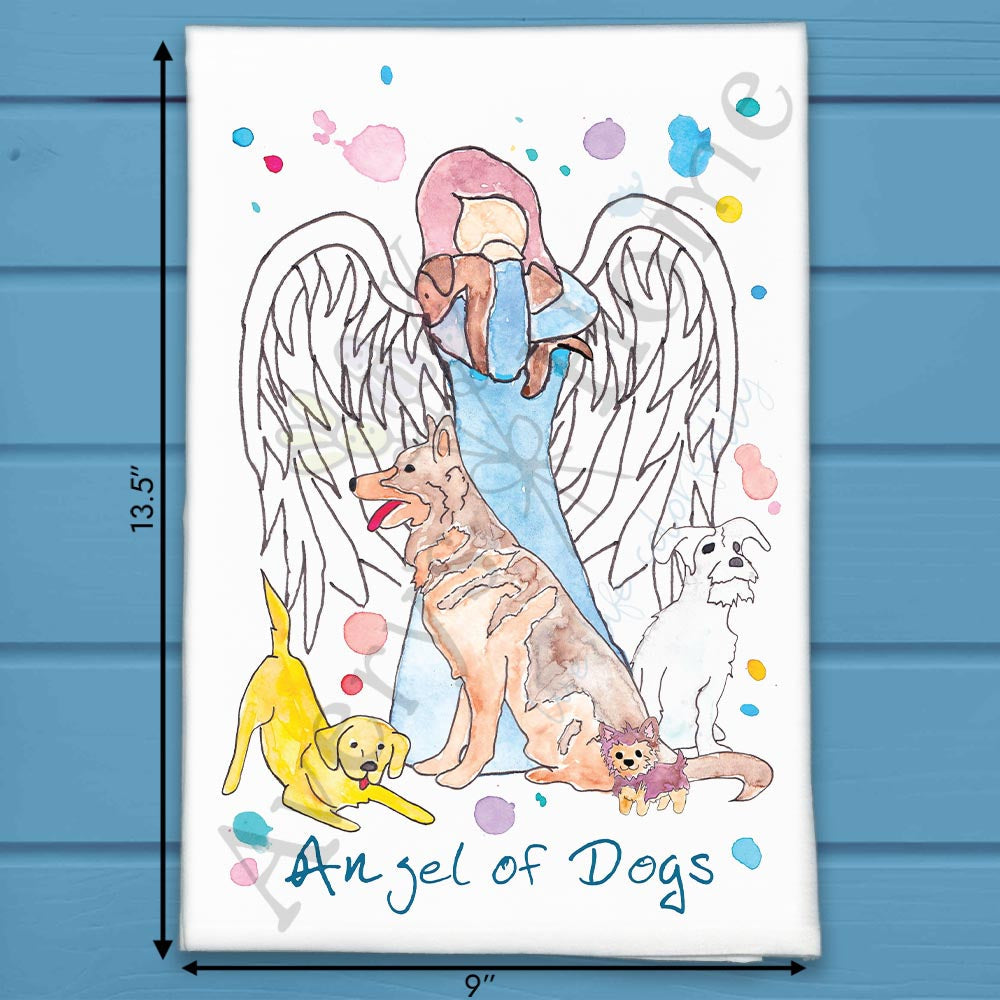 Angel of Dogs flour sack dish towel, art by Avery Jackson