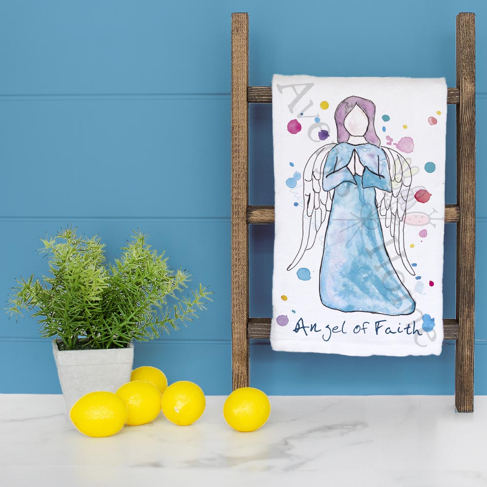 Angel of Faith dish towel folded, hemmed on all four sides