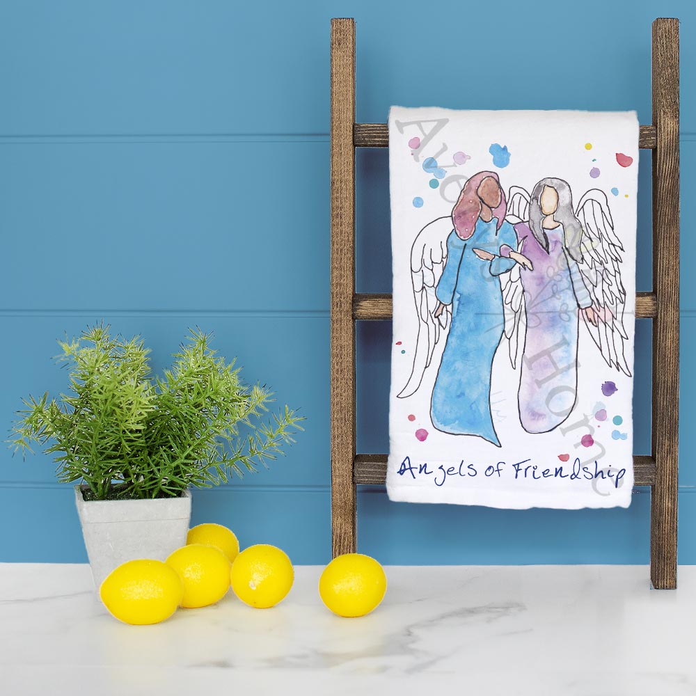 Angel of Friendship dish towel folded, hemmed on all four sides