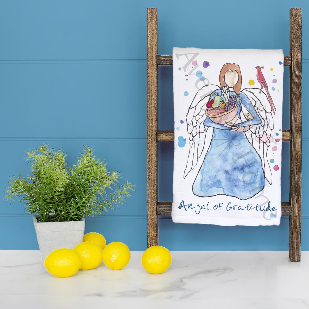 Angel of Gratitude dish towel folded, hemmed on all four sides