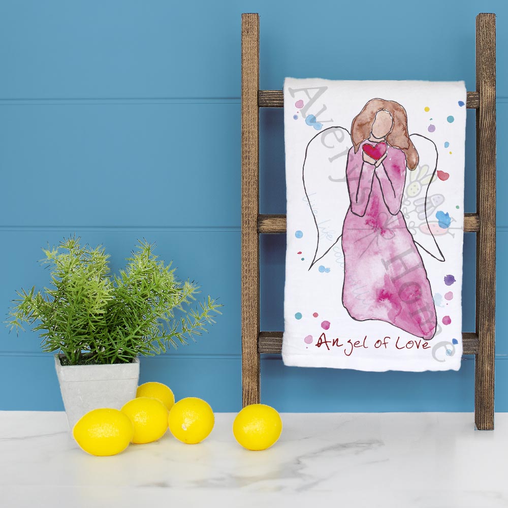 Angel of Love dish towel folded, hemmed on all four sides