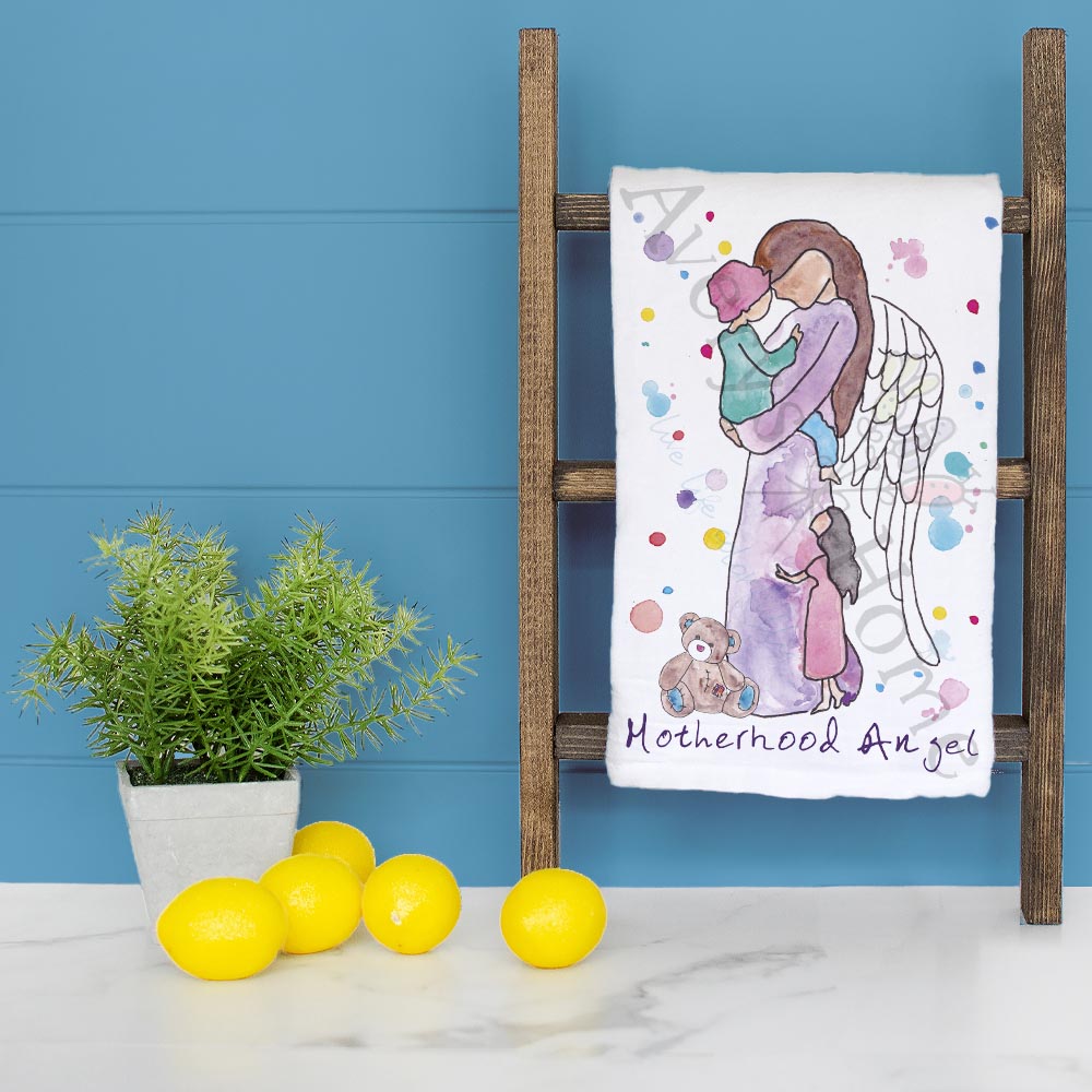 Angel of Motherhood dish towel folded, hemmed on all four sides