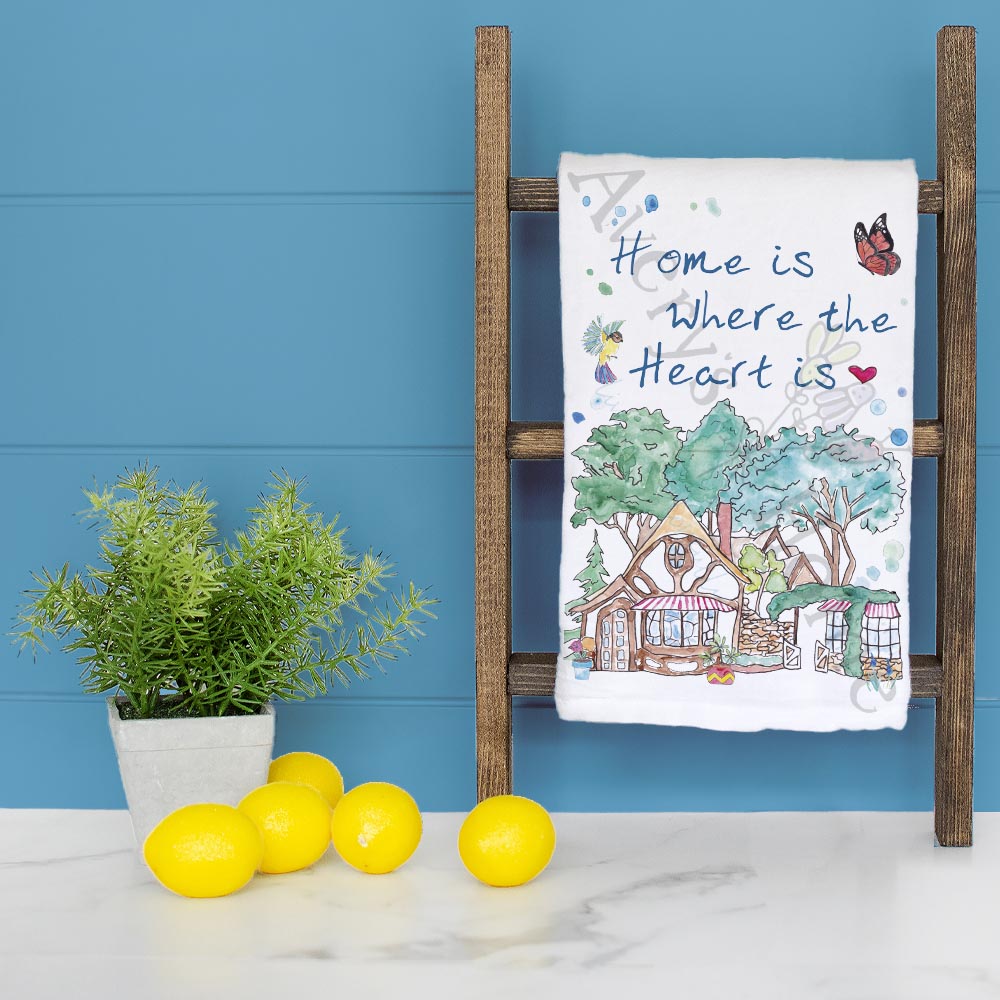 Home Is Where the Heart Is dish towel folded, hemmed on all four sides