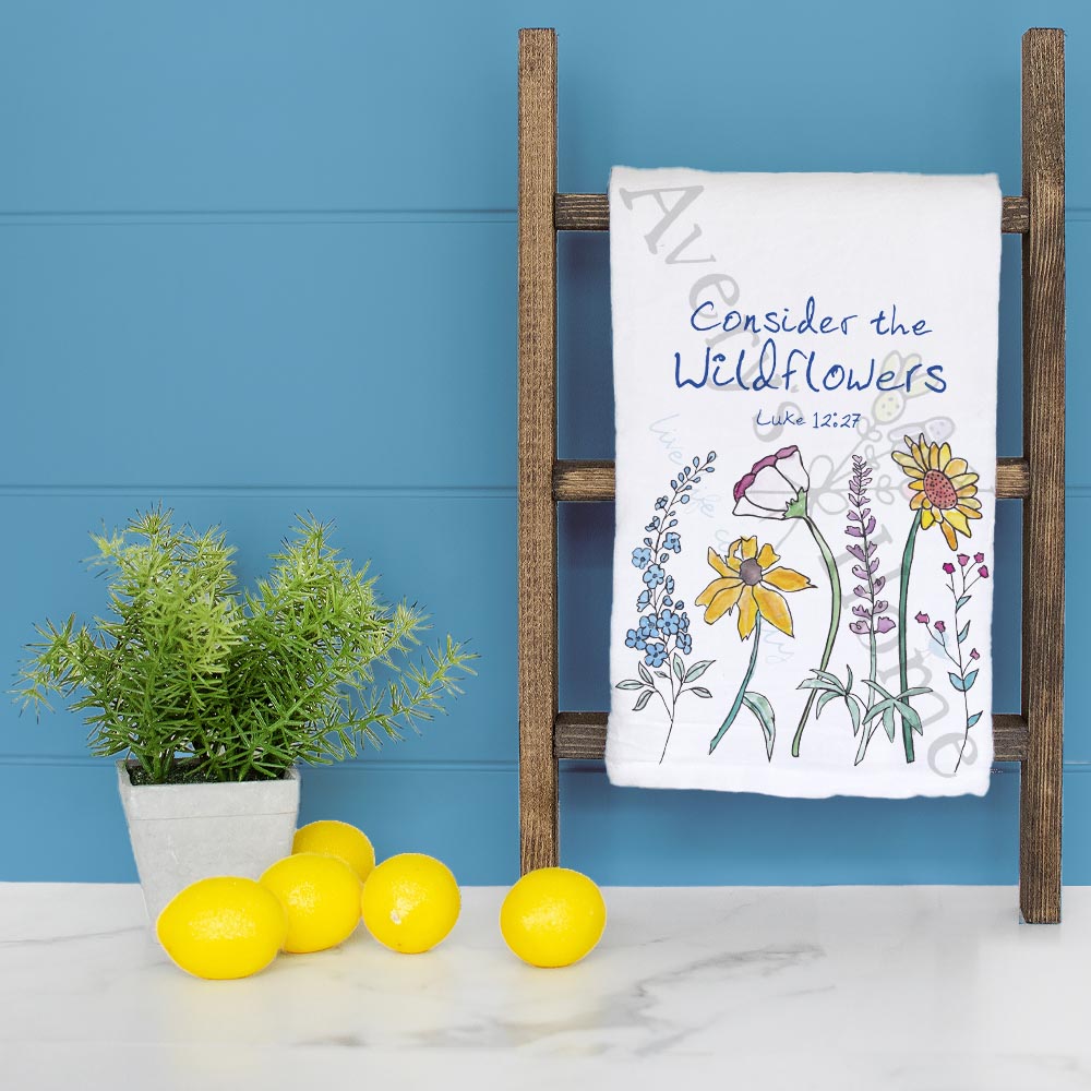 Consider the Wildflowers Luke 12:27 dish towel folded, hemmed on all four sides