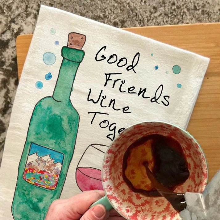 Wine Together dish towel, 27x27 flour sack cotton