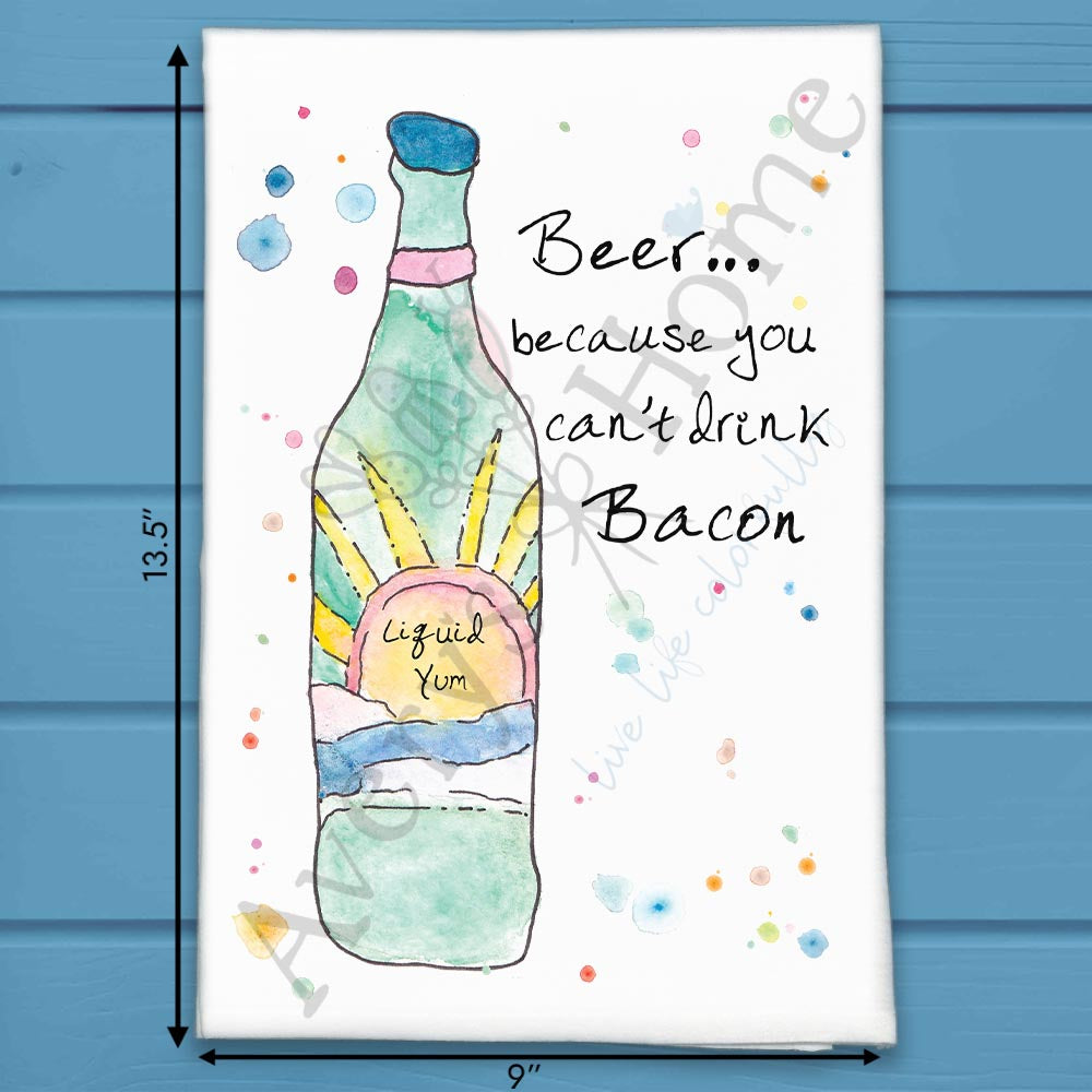 Beer & Bacon flour sack dish towel, art by Avery Jackson