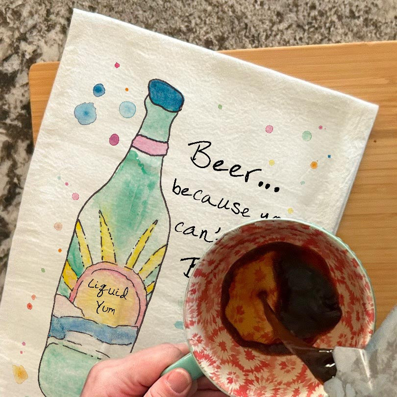 Beer & Bacon dish towel, 27x27 flour sack cotton