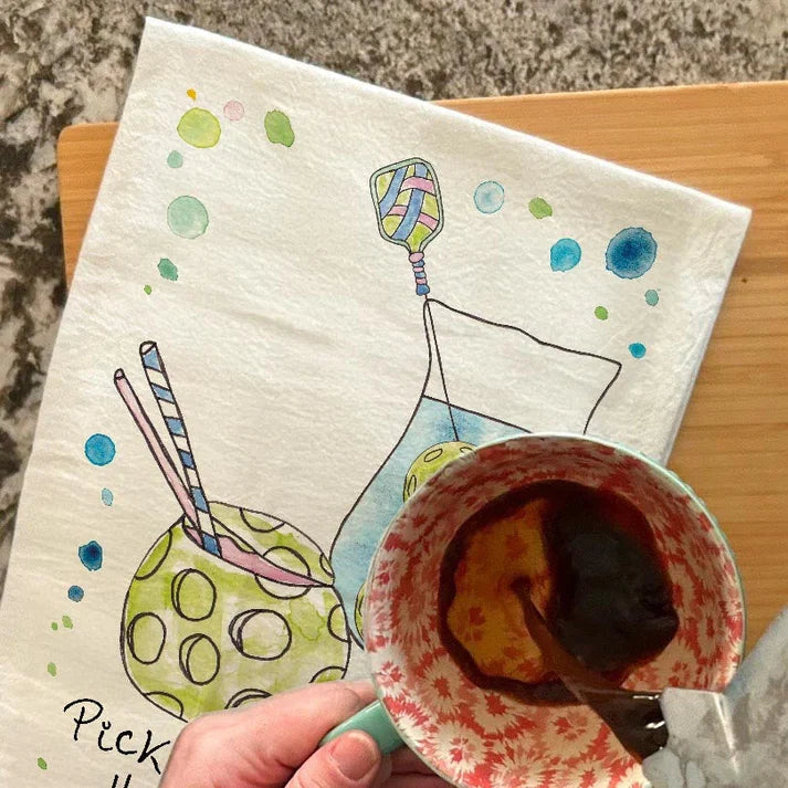 Pickleball Happy Hour dish towel, 27x27 flour sack cotton