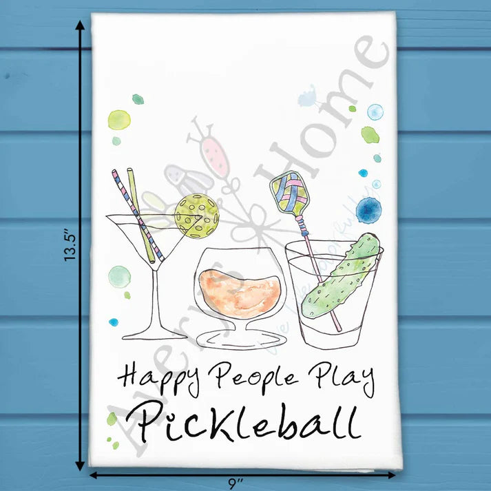 Happy People Play Pickleball flour sack dish towel, art by Avery Jackson