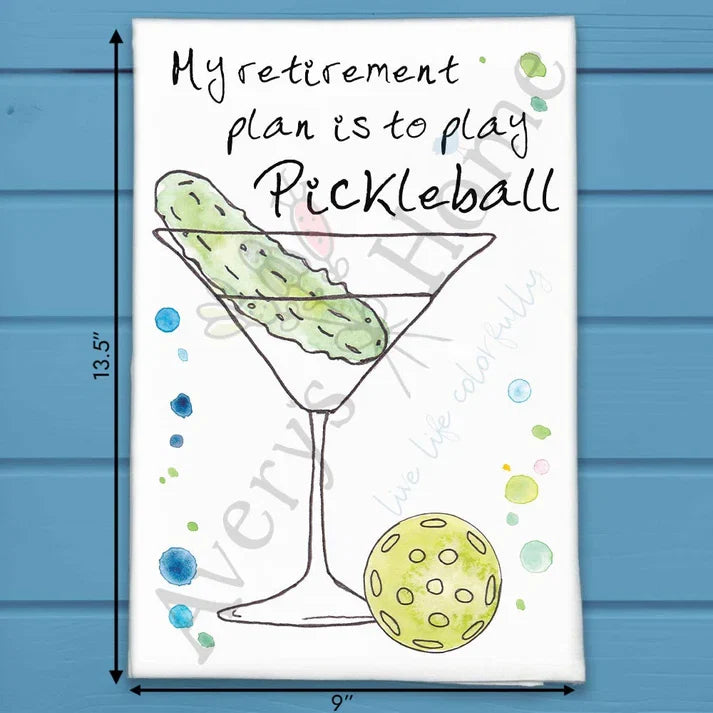 Pickleball Retirement flour sack dish towel, art by Avery Jackson