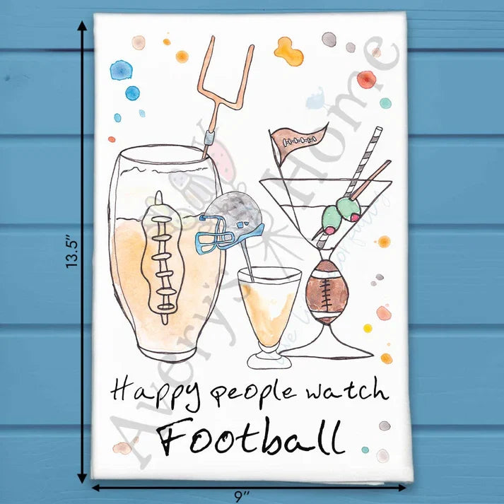 Happy People Watch Football flour sack dish towel, art by Avery Jackson