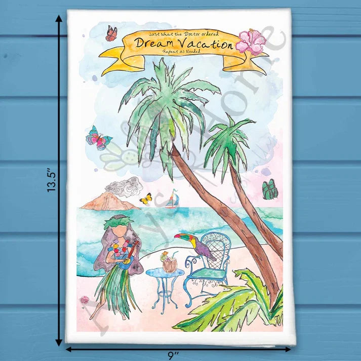 Dream Vacation flour sack dish towel, art by Avery Jackson