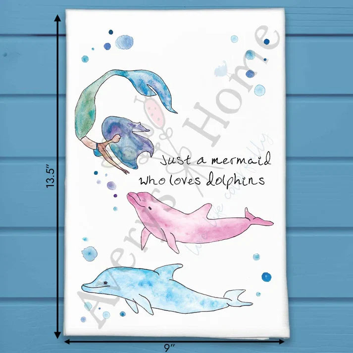 Mermaid and Dolphins flour sack dish towel, art by Avery Jackson