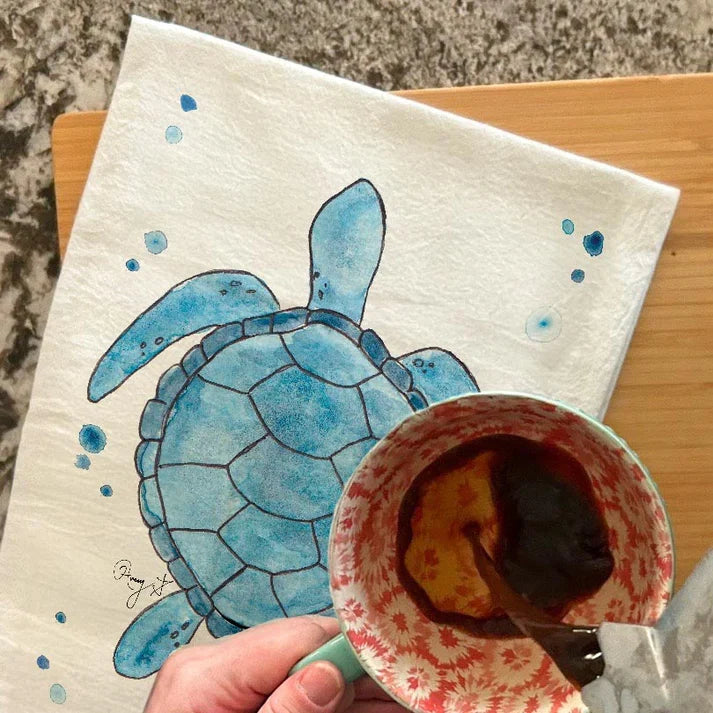 Navy Sea Turtle dish towel, 27x27 flour sack cotton