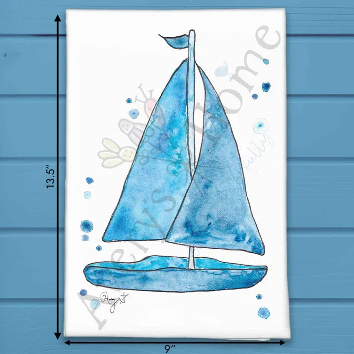 Navy Sailboat flour sack dish towel, art by Avery Jackson