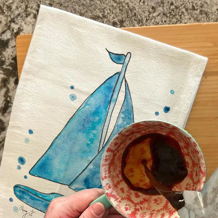 Navy Sailboat dish towel, 27x27 flour sack cotton