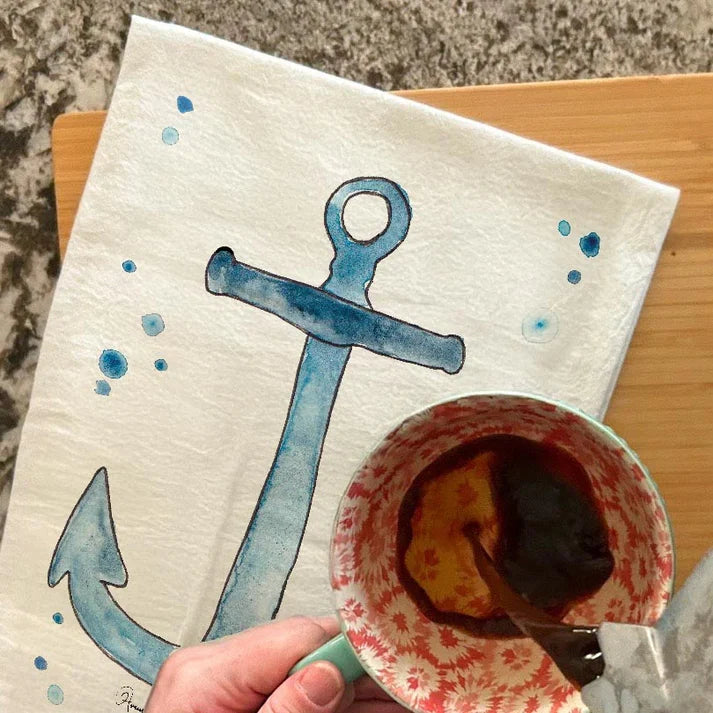 Navy Anchor dish towel, 27x27 flour sack cotton