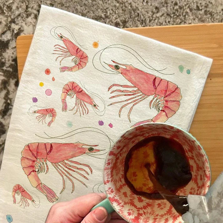 Shrimp Seafood dish towel, 27x27 flour sack cotton