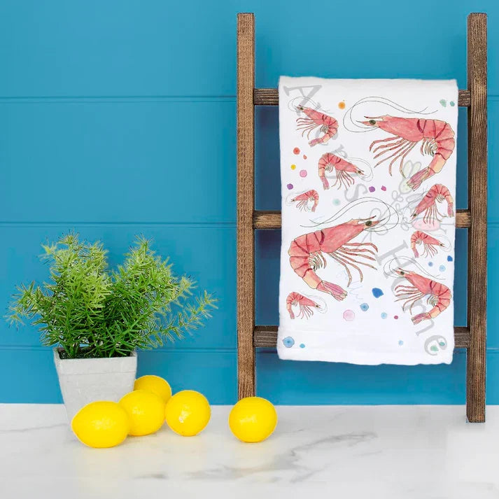 Shrimp Seafood dish towel hanging in the kitchen