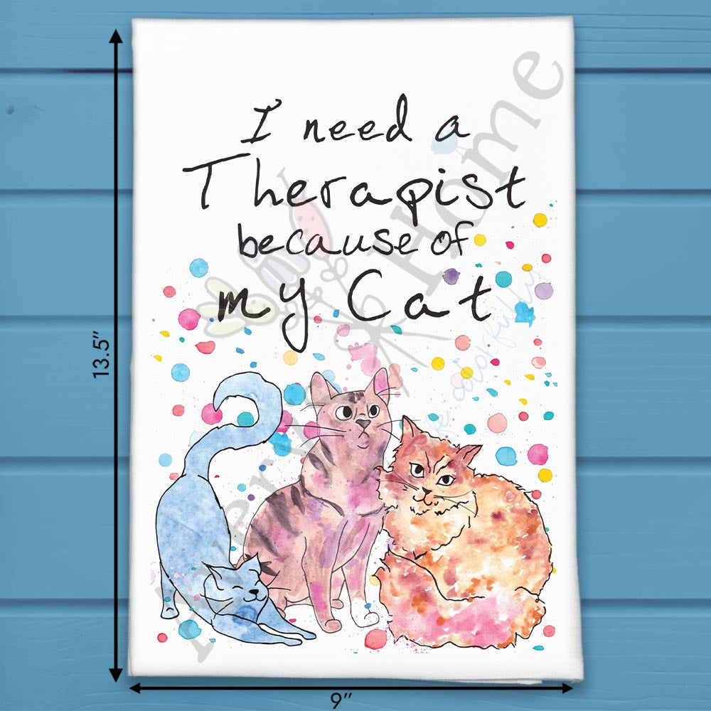 Cat Therapist flour sack dish towel, art by Avery Jackson