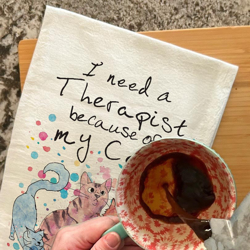 Cat Therapist dish towel, 27x27 flour sack cotton