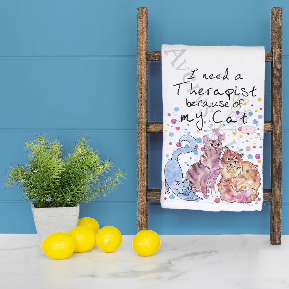 Cat Therapist dish towel folded, hemmed on all four sides