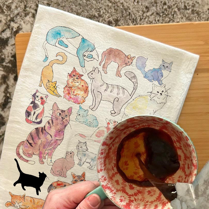 Adorable Cats dish towel, 27x27 flour sack cotton