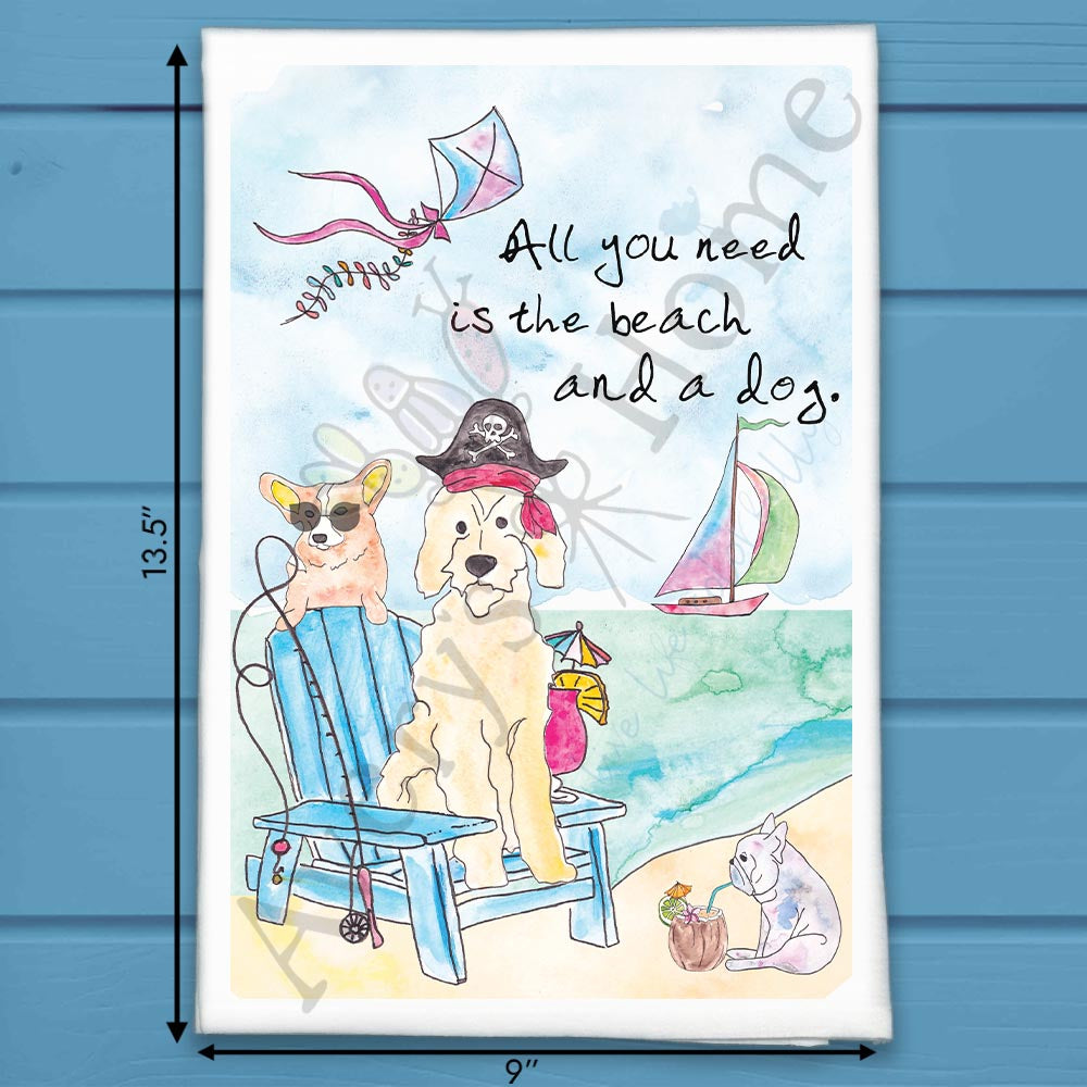 Beach & Dog flour sack dish towel, art by Avery Jackson