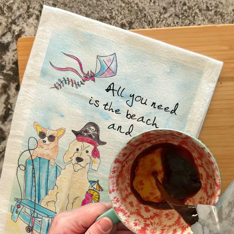 Beach & Dog dish towel, 27x27 flour sack cotton